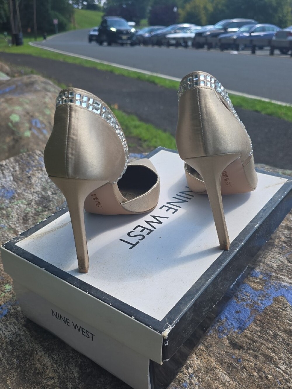 Nine West Satin Champagne D'Orsay Pointed-Toe Heels with Crystal Trim - Picture 4 of 9